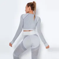 Kadın Eşofman Yoga Set Uzun Kollu Kırpma Üst Gömlek Sıkı Kaburga Tayt Gym Setleri 2 Parça Fitness Giyim Spor Suits L94H #