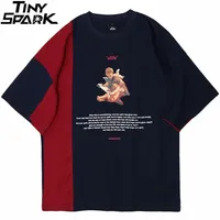 Мужчины хип-хоп футболка уличная одежда цвет блок лоскутный хараджуку младенца ангел футболка с коротким рукавом летняя футболка хлопковые топы Tee 210707