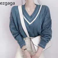 Ezgaga blauwe tedere vrouwen trui preppy stijl herfst v-nek koreaanse chique v-hals all-match dames tops losse knitwear jumper 210430
