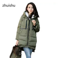 Kadınlar Down Parkas Zhuishu Sıcak kapüşonlu dışarılar büyük boyutlu kış pamuklu ceket fermuar büyük cep ceketi dişi kıvrım1