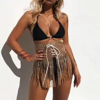 Kjolar Sexiga Sparkling Diamanter Rhinestone Mini Skirt Kvinna Lace Up Eyelets Bodycon Tassel Summer Beach Party Clubwear 2021