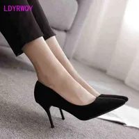 Dress Shoes Vestido Profesional Negro de Tacón Alto Para Mujer Stilotto Combina con Todo Zapato de Ante único Tacón Medio de Otoño 220315