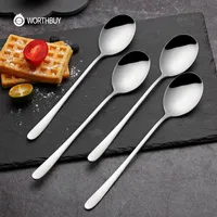 Spoons WORTHBUY 2 Pcs Set Long Handle Soup Spoon Stainless Steel Dinner Set Kitchen Accessories Table Tea Coffee Scoop