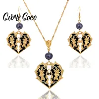 Pendientes Collar Angel Wing Love Heart Jewelry Sets Trendy Ethnic Black Enamel Pendants Collares Drop Accesorios para mujeres 2021