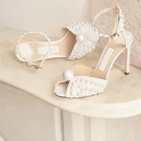 Vestido de novia para mujer Zapatos de novia Sandalias de plataforma de satén blancas con placa de embellecimiento de perla de todo sobre plataformas de tacón alto de sandalia tacones 35-42