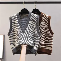 V-образным вырезом вязаный жилет Женщины Корейский мода Зебра Узор без рукавовных свитеров Жилет для туре Осень Осень 220108