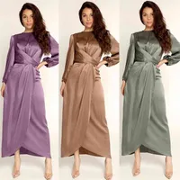 Satin bandage maxi klänning dubai kalkon full ärm hijab klänningar elegant solid arabisk islamisk kläder fall 210517
