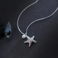 Modian Marine Life Ajustável para Mulheres Brilhantes Zircão Starfish Pérola Sterling Silver 925 Pingente Colar Fine Jewelry