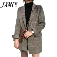 Frauen Wollmischungen Jxmyy Frühling und Herbst Mode Plaid Anzug Chic Retro Lose Mittellange Wollwaren Kleine Jacke Frauen