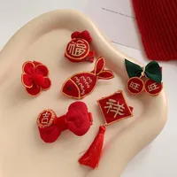 Hair Accessories Embroidery For Girls Bow-knot Geometric Red Clips Chinese Style Headwear Year Barrettes Women