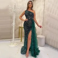 Grün Eine Shouder Split Mermaid Abendkleider, die Federn für Frauen Partykleider