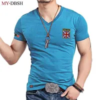 MyDBSH Brand Fashion V-образные шеи Мужчины футболка повседневная эластичная хлопчатобумажная мужская стройная футболка мужчина вышивка Англия флаг футболки одежда 210322