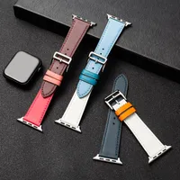 Apple Watch Strap 헤드 레이어 가죽 핀 버클 스타일은 애플에 적합합니다. iwatch1 2 3 4 5 6 SE 시계 밴드 가벼운 파란색 흰색