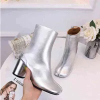 Boot Split Toe Women Genuine Leather Ankle Boots Real Round High Heels Short Cow Shoes Ninja Tabi 220310 KF3V