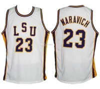 Pete Maravich # 23 LSU 화이트 옐로우 타이거 대학 레트로 농구 유니폼 망 스티치 사용자 정의 모든 번호 이름 이름 고급 저지