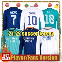 21 22 Real Madrid Jersey Manga Camisetas de fútbol Peligro Ramos Benzema Camiseta Fútbol Maillot Magline Tops Larga y corta Camisa de fútbol Blue Soccer Versión