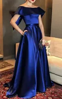 Zarif Kraliyet Mavi Abiye Uzun 2021 Saten Kapalı Omuz Basit Örgün Akşam elbise Balo Elbise Abendkleider
