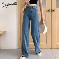high waist jeans Wide Leg Pants Casual Loose Coated Vintage Washed Full Length trousers blue denim pants winter autumn mom jeans 210517