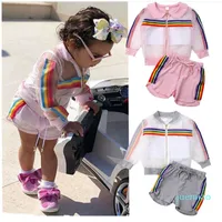 Kids Designer Clothes Girls Outdoor Sport Outfits Children Rainbow Stripe coat+vest+shorts 3pcs set New Summer Baby Clothing Sets