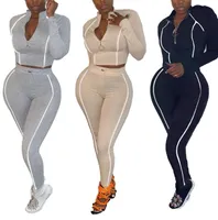 Kvinnors tvåbit byxor Hirigin Sexig uppsättning Jumpsuit Långärmad Zip Top + Side Striped Bodycon Tracksuit Fall Kvinnor Outfits Matching Sets