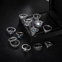 13 adet / takım Gümüş Yangın Opal Yüzükler Doğal Taş Aytaşı Düğün Nişan Takı Hediye Kadınlar Için