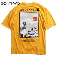 Gonthwid Japon Ukiyo Kedi Dalga Baskılı Streetwear T Shirt Yaz Erkek Hip Hop Rahat Kısa Kollu Tops Tees Erkek Tişörtleri 210319