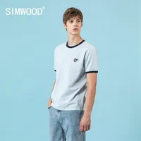 Simwood 2021 verano nueva camiseta hombres moda contraste color tops más tamaño de alta calidad bordado 100% algodón tees sj120610 210317