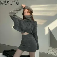 Wakuta Fall Winter Elegant Outfit HighNeck Beskuren Pullover Tröja och Elastisk Midja Mini Skirt Slim Warm Stickning 2 Piece Set 211109