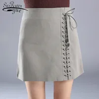 Moda Spódnice Kobiet A-Line Spring High Waist Kobieta Krótka Spódnica Casual Lace-Up Causal Solid Color Feminine Spódnice 1852 50 210521
