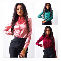 Mulheres seda cetim blusa botão lapela manga longa camisas senhoras escritório trabalho elegante feminino top de alta qualidade blusa