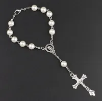 Katolska Rosary Bön Pärlor Bracelet Cross Imitation Pearl Acrylic Bangles Fashion Wristband Fit Party Souvenir Kvinnor
