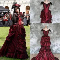 Bourgogne Goth Victorian Bustle Bröllopsklänning 2021 Vintage Beaded Lace-up Back Corset Top Gothic Outdoor Bride Party Dresses