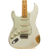 Guitarra elétrica da mão esquerda personalizada, guitarra da estrela, corpo branco clássico efeito do vinatge, pescoço amarelo do bordo, pickguard verde do creme