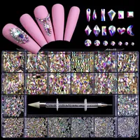 21 Gitter Nägel Rhinestones Set Multi Shapes Kristalle Acryl flach farbige Diamanten Pickup-Werkzeugpaket für DIY Nail Art Salon