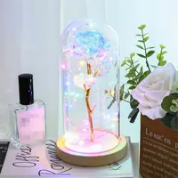 Enchanted Forever Rose Flower Gold Foil Rose Flower LED Light Artificial Flowers In Glass Dome Party Decorations Gift For Girls 949 R2