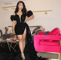 2021 Sexy Sparkling Black Prom Dresses Backless Abito da sera Pageant Donne Sexy Short Party Wear Long Trail High Spalato Abiye Dubai Abiti Borgogna