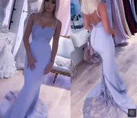 Vestido de Festa 2021 Lavendel Satin Mermaid Evening Dresses Spaghetti Straps Sweetheart Neck Lace Appliques Elegant Party Gowns Open Back Sexig Red Carpet Dress