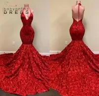 Sexy backless vestidos de noite vermelho 2022 sereia halter mergulhando v pescoço flor laço apliques longos trem vestidos personalizados