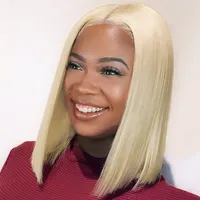 Malezja 613 Krótki bob peruka blondynka ludzkie włosy przed wyrzuconymi 130% 13x4 proste koronkowe peruki dla kobiet