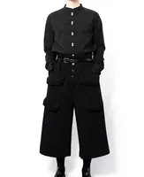 Yamamoto tarzı erkek rahat pantolon geniş bacak pantolon etek çan dipleri çok cep koyu siyah gevşek ve basit
