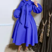 아프리카 사무실 레이디 드레스 레트로 랜턴 슬리브 나비 넥타이 우아한 작품 큰 스윙 여성 캐주얼 플러스 사이즈 드레스 민족 의류