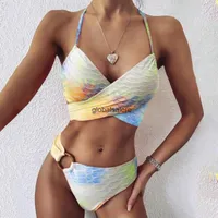 Kızlar Casual İki Adet Mayo Surf Giyim Setleri Yaz Seksi Derin V Backless İç Kadın Moda Kravat Boya Baskı Beach Bikini