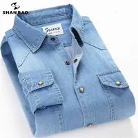 Shanbao Slim Denim camisa de mezclilla primavera de lujo de alta calidad 100% algodón collar cuadrado bolsillo moda manga larga 210626