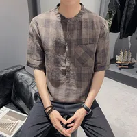 Camisas casuales para hombres Qiwn Lino Camisa de manga corta delgada 2021 Tela escocesa Tienda guapo Top