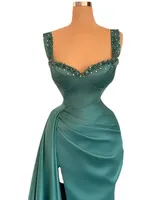Evening Dresses Abendkleider verde muçulmano vestido de noite sereia querida cristal cetim fenda árabe dubai sexy formal formatura vestidos longos
