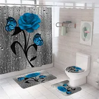 Blauwe bloem vlinder badkamer antislip mat set duurzame waterdichte douchegordijn voetstuk tapijt deksel wc cover bad mat tapijten 210712