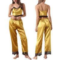 Пижама пижамы Sleekwear Сексуальное досуг элегантность женщин v шеи имитация шелкового кружева Breim Crop Top длинные брюки женские сон 2021