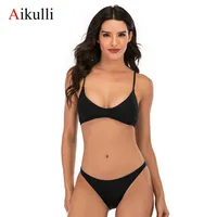 Aikulli bikini sexy traje de baño mujeres negro bikinis empuje hacia arriba trajes de baño sólido traje de baño traje de playa traje de baño 210522