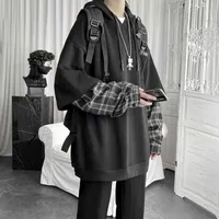 Deeptown Vintage Hoodie Kadınlar Streetwear Boy Kazak Punk Uzun Kollu Kazaklar Kore 2021 Grunge Ekose Splice Hoody 220210