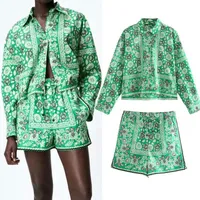 Kadın Eşofmanlar Rahat Eşofman Kısa Baskı Gömlek Coat Suits 2021 Yaz Yeşil Baskı Seti 2 Parça Uzun Kollu Zarif Kentsel Giyim